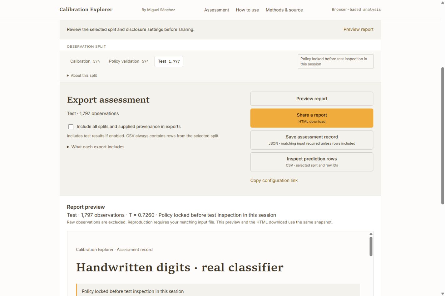Export stage with HTML, JSON and CSV controls, source rows unchecked, and a preview labelled as the same snapshot used by the HTML download.