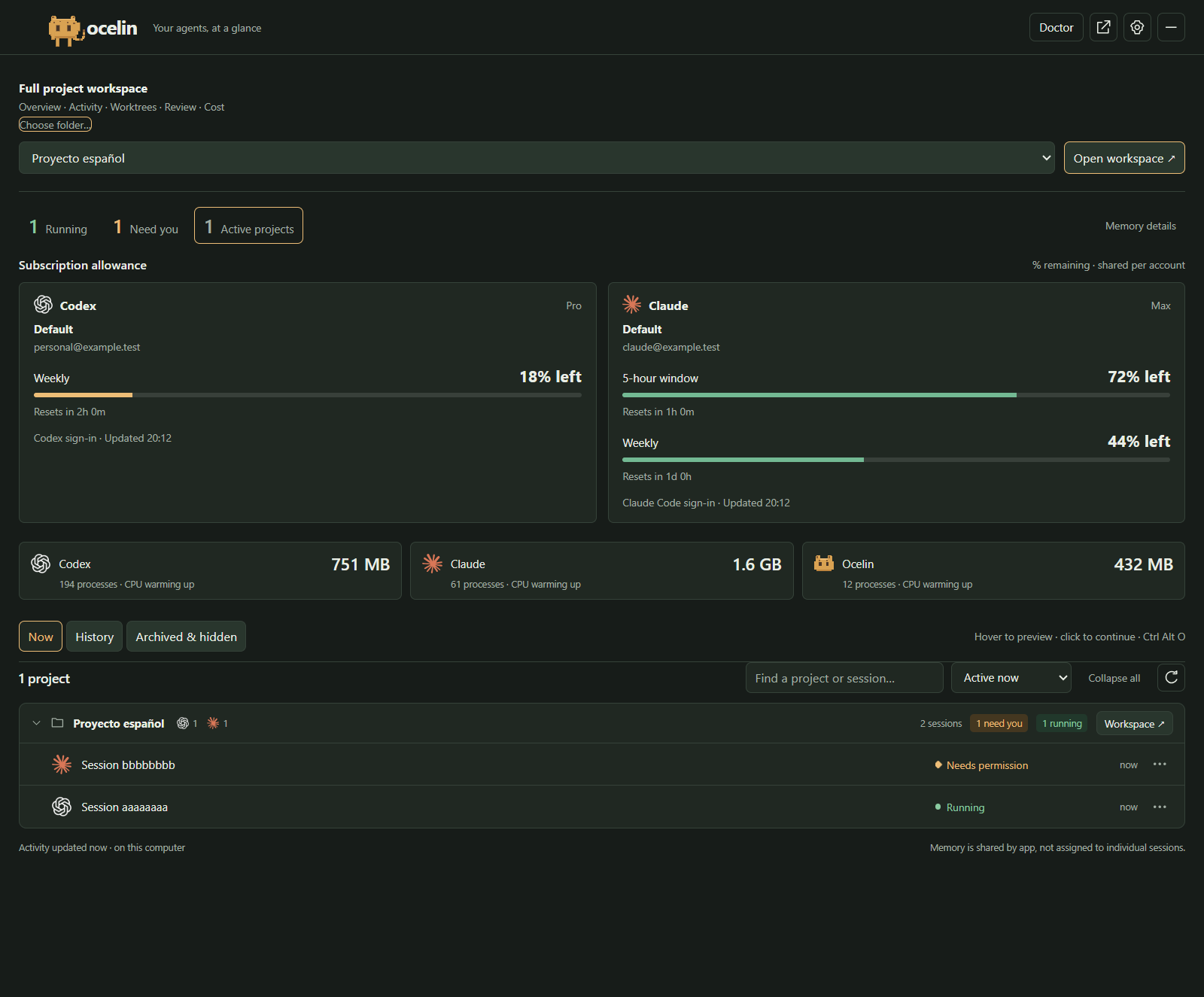 Ocelin dashboard with sample Codex and Claude allowances, memory readings and active sessions.