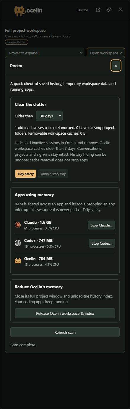 Ocelin Doctor with history cleanup, Undo, memory readings and separate app stop controls.