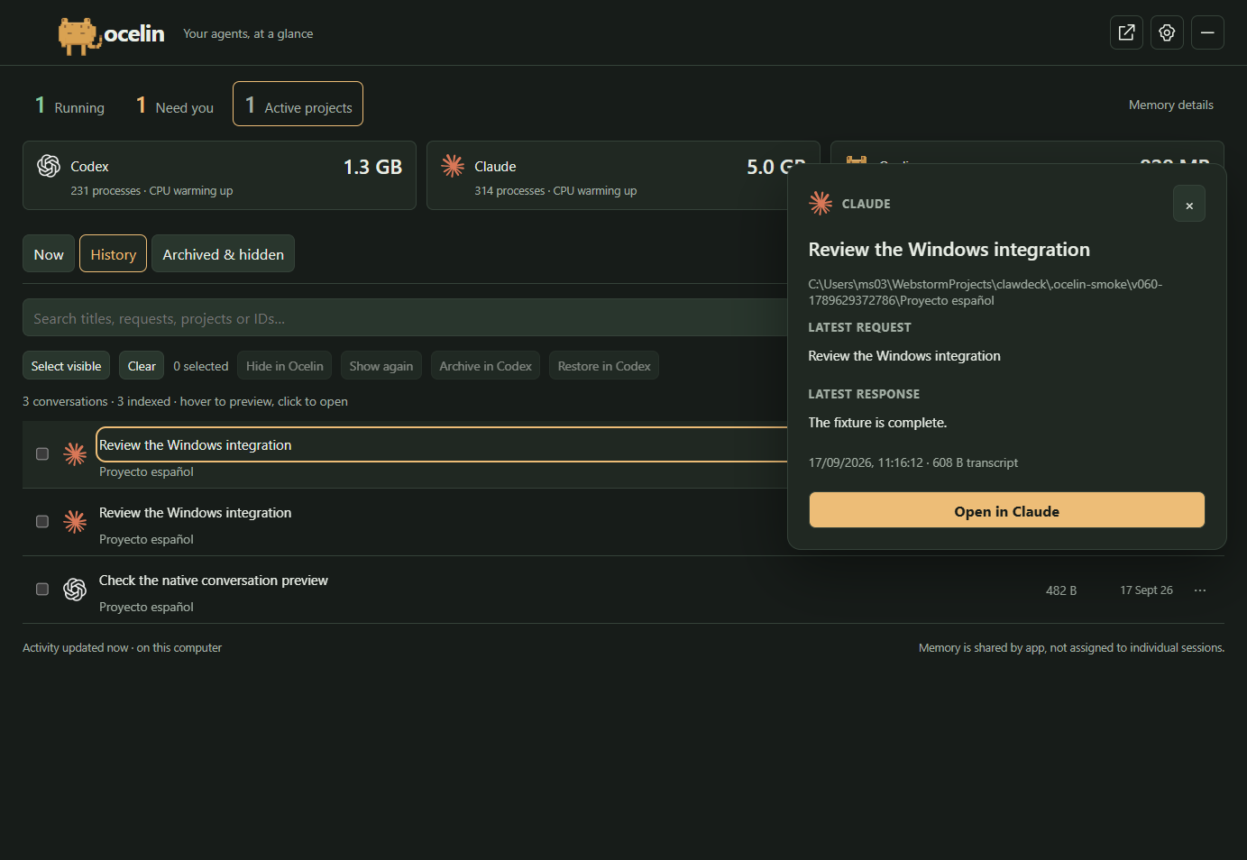 Ocelin history with a saved conversation preview and an Open in Claude button.